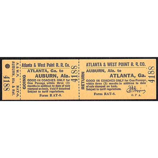 Atlanta & West Point Railroad Unused Ticket w/ Stub Auburn, ALA #4188 VOID*
