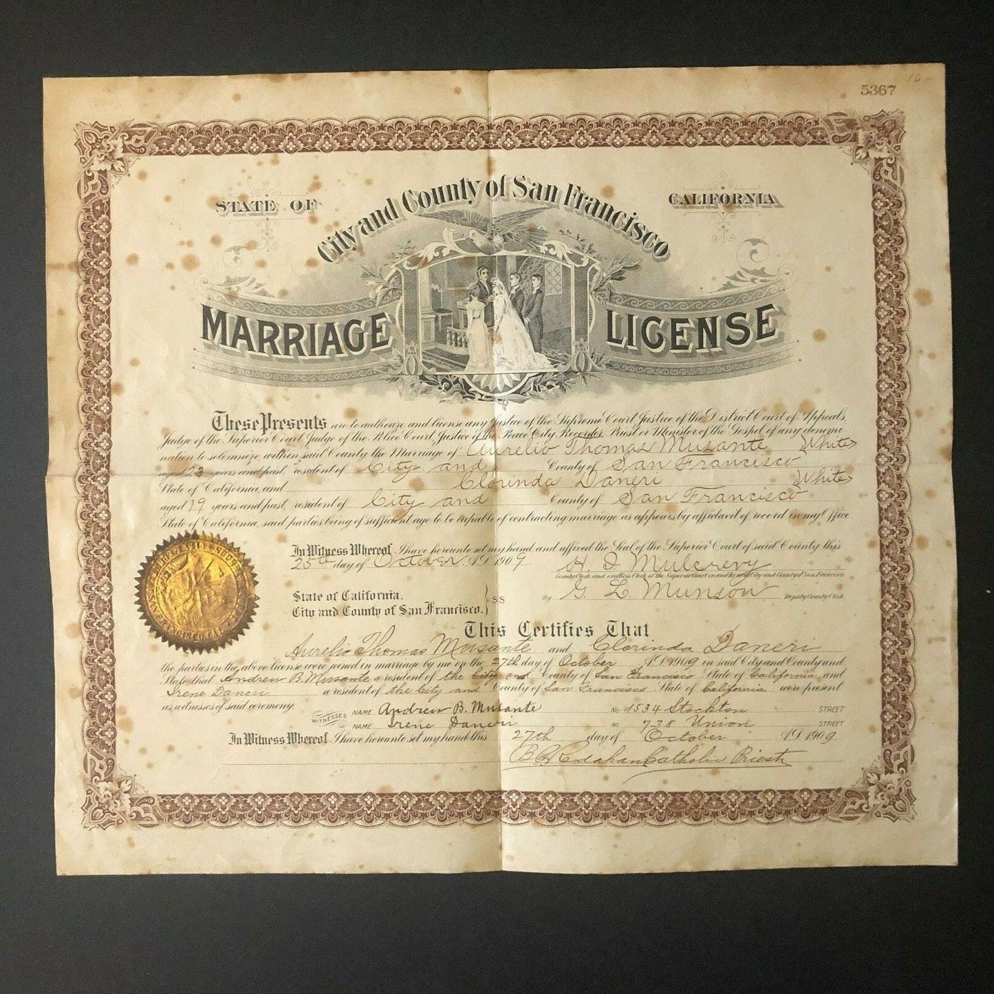 1909 Large San Francisco Marriage License 13 1/2" x 15"