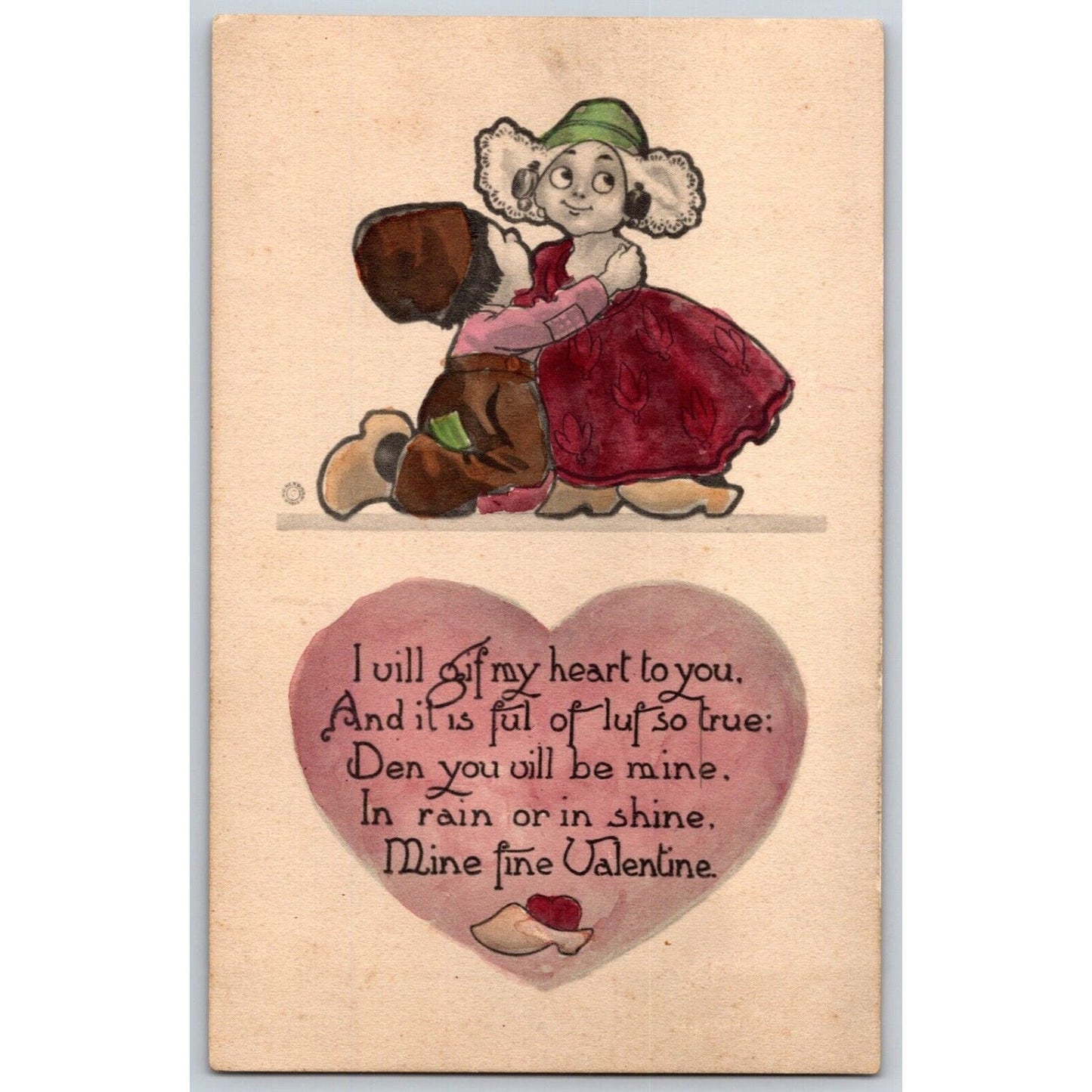 Valentine's Day Postcard Cute / Kids "..Mine Fine Valentine" Hand Painted c1917
