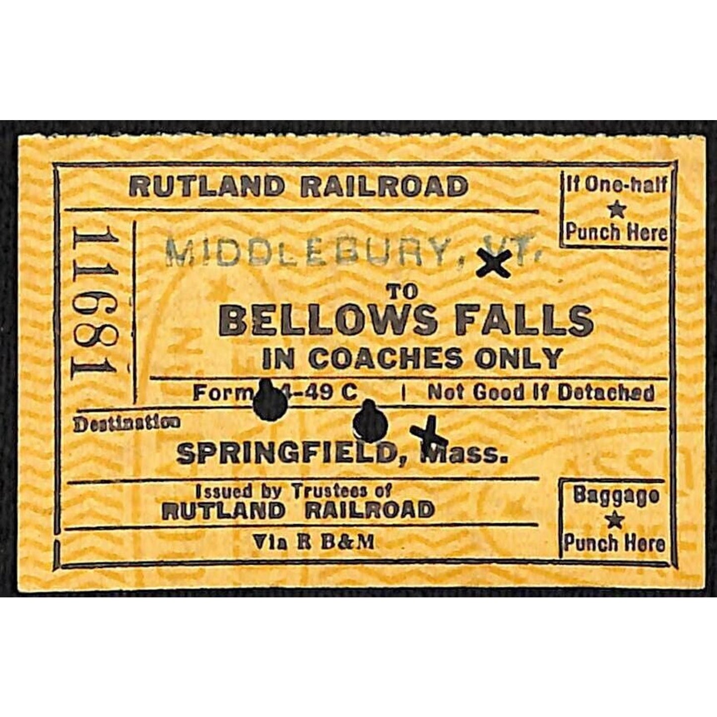 Rutland Railroad Ticket / Stub Middlebury, VT Springfield, MA 1953 #11681