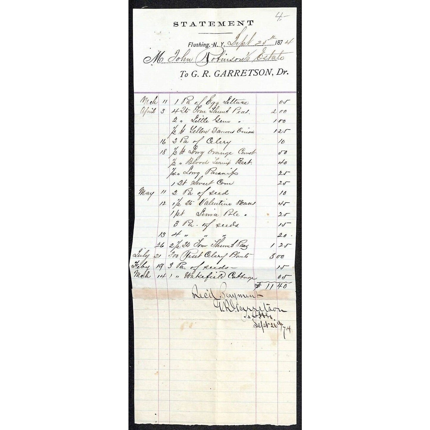 Flushing, NY G.R Garretson Grocer 1874 Billhead Statement w/ Long List of Goods