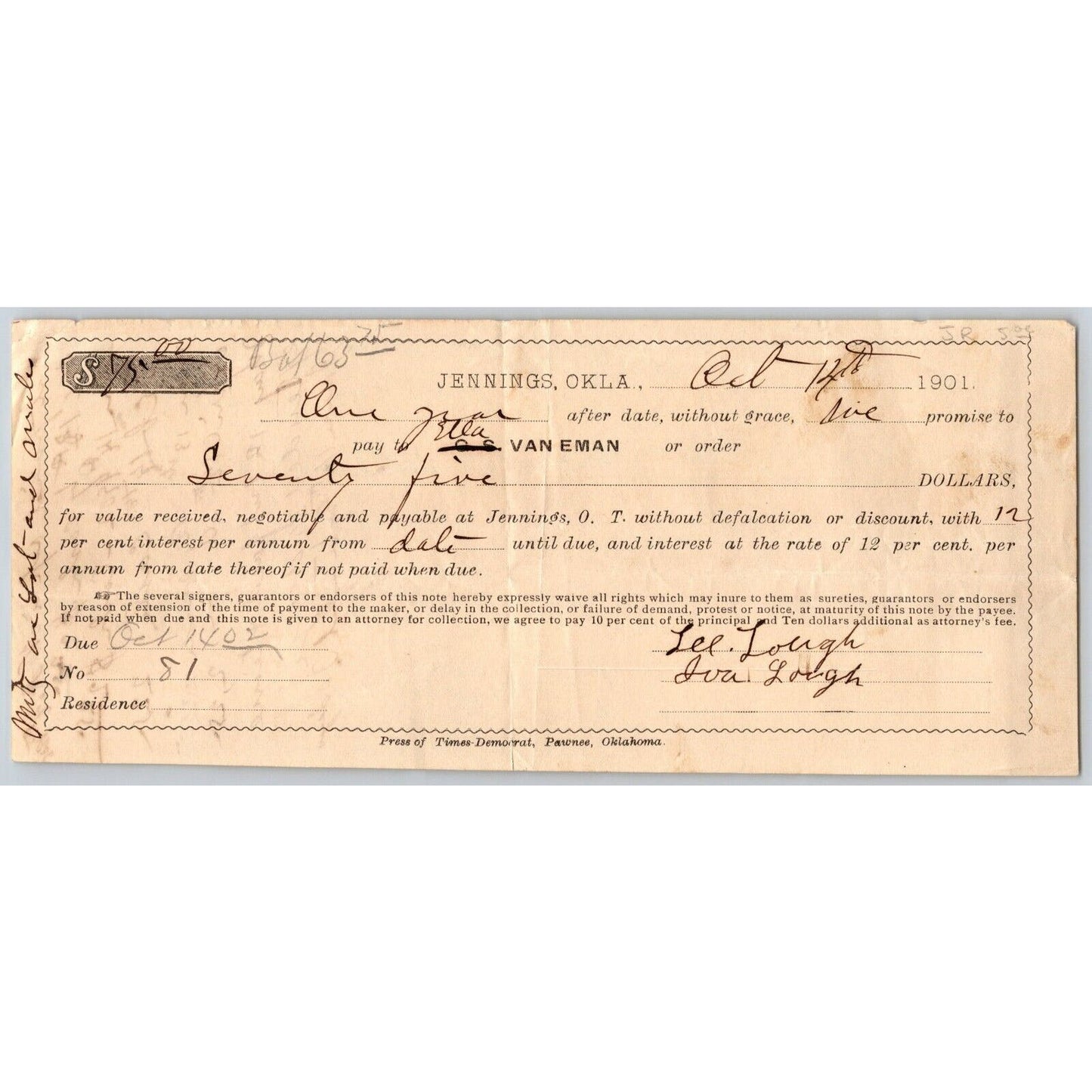 Jennings, Oklahoma Territorial 1901 $75 Promissory Note - Scarce