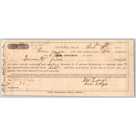 Jennings, Oklahoma Territorial 1901 $75 Promissory Note - Scarce