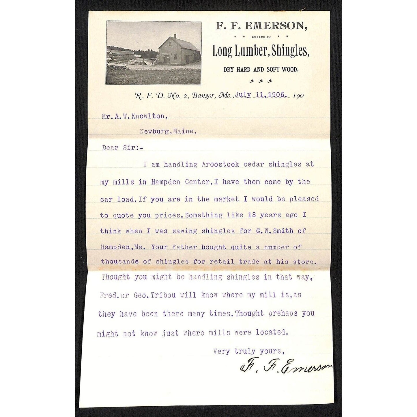 Newburgh ME Amos W. Knowlton* Bangor 1906 F.F. Emerson Lumber Shingle Letterhead