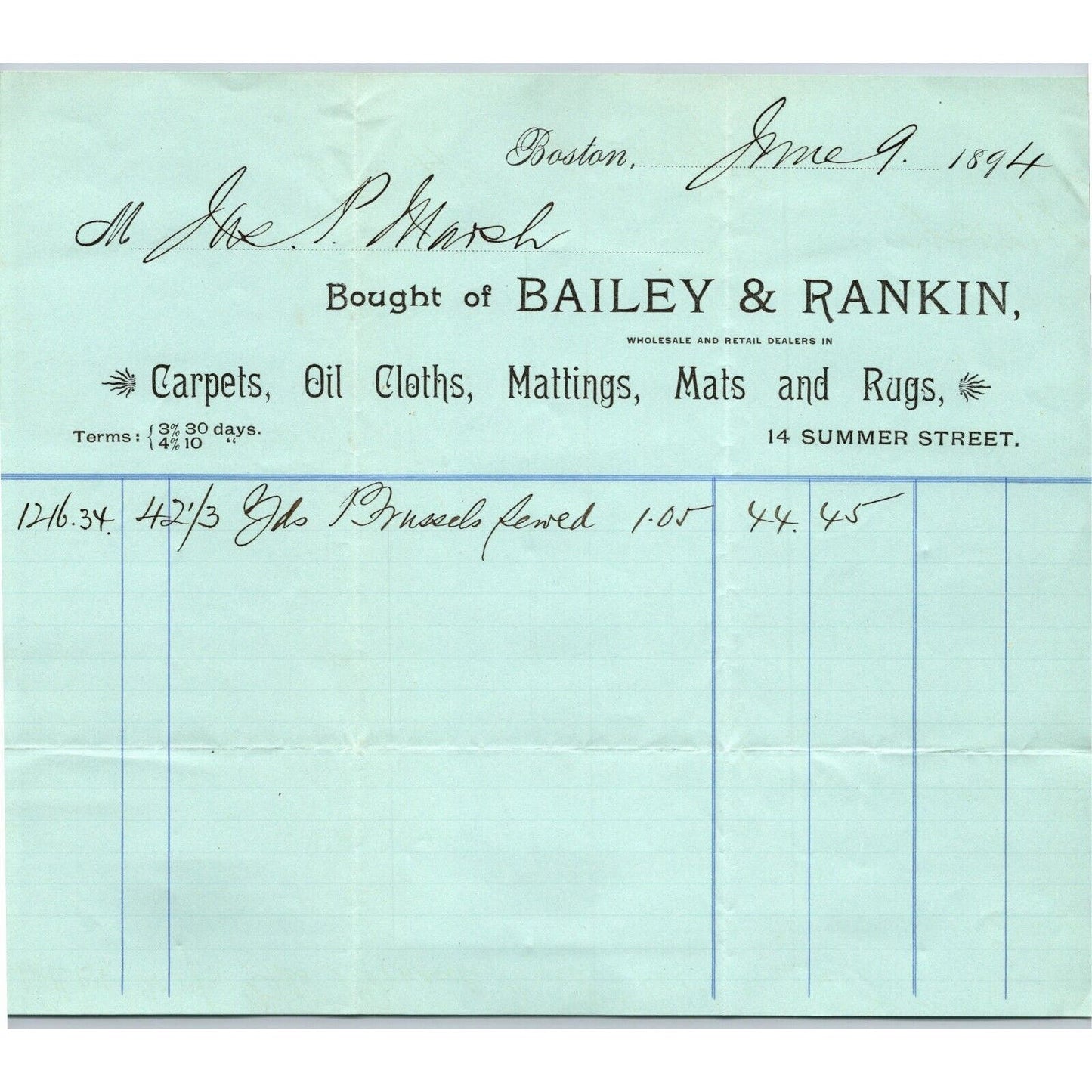 Boston, MA Bailey & Rankin Carpets 1894 Billhead JP Marsh Bethel, VT Scarce