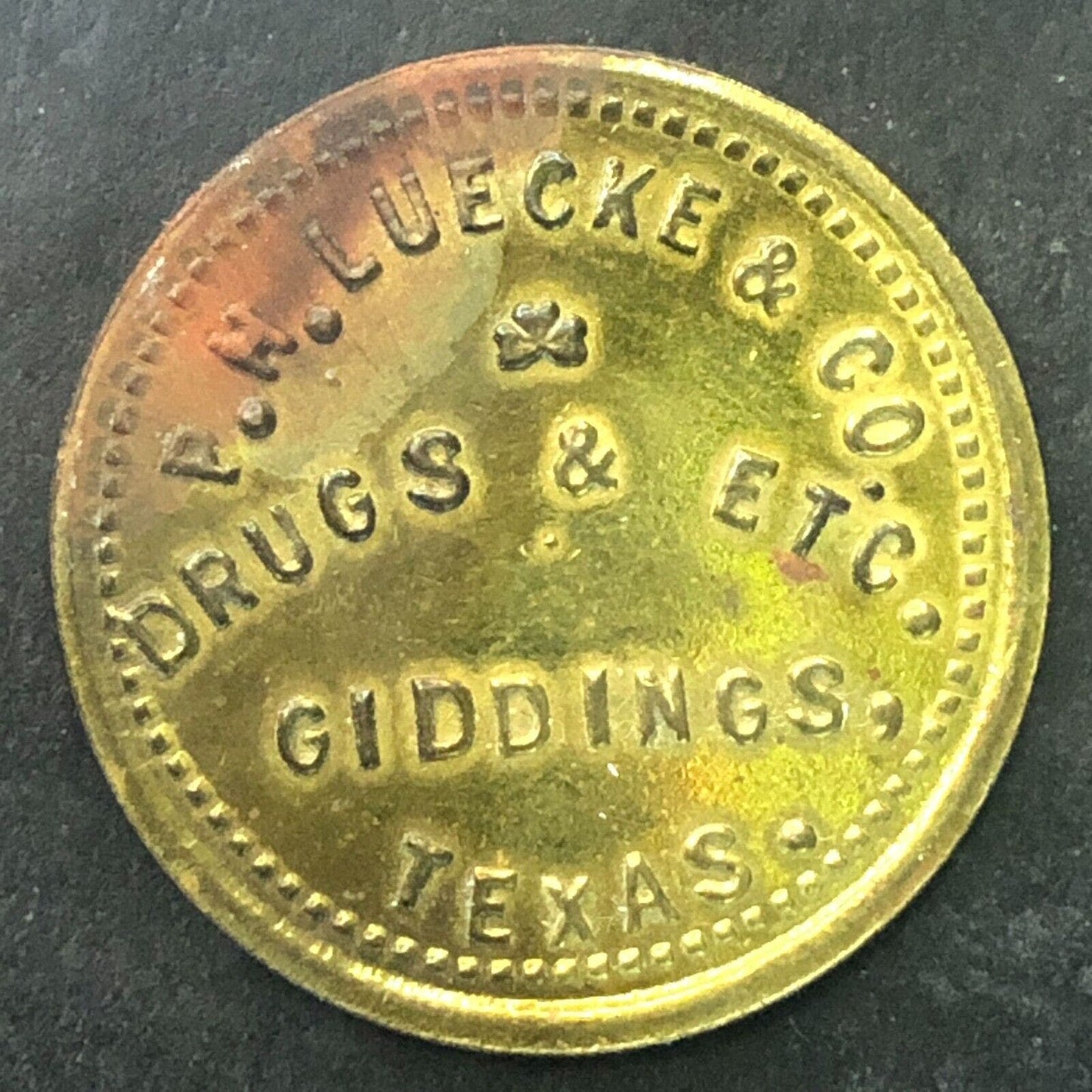 Giddings, TX P.H. Luecke & Co. Drugs & Etc. G/F 5c Trade Token Brass 25mm Scarce