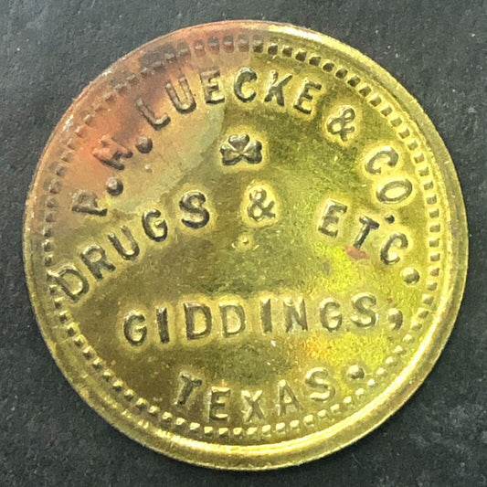 Giddings, TX P.H. Luecke & Co. Drugs & Etc. G/F 5c Trade Token Brass 25mm Scarce
