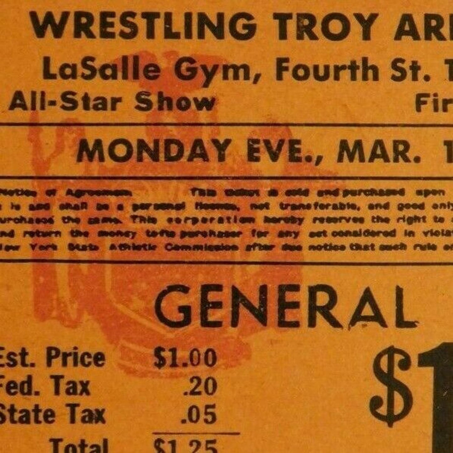Vintage Mint Mar 10 1952 Troy, NY Arena Wrestling Ticket - Unused / NOS