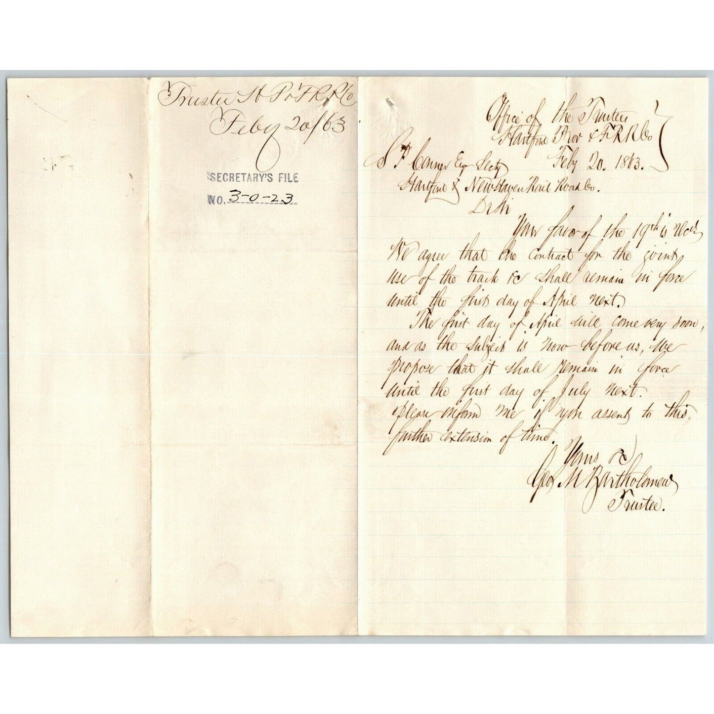 1863 Railroad P&F Letter "Continuing Joint Use Of Track" w/ NY NH & Hartford RR