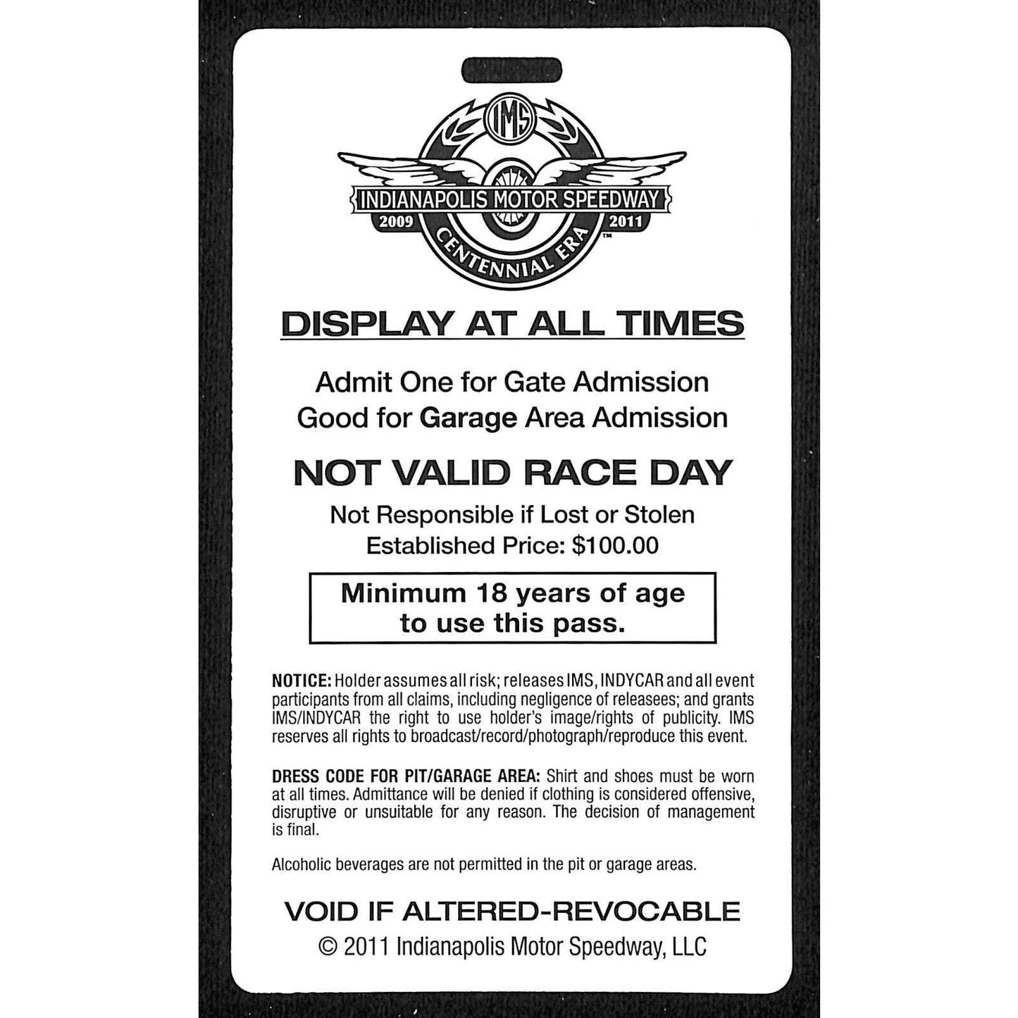 2011 Indy 500 Garage Access Ticket Pass Indianapolis IMS #9287 VGC