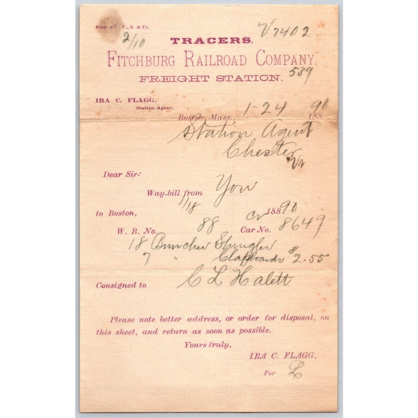 Fitchburg Railroad Company 1890 Freight Station Way-bill to Boston Scarce