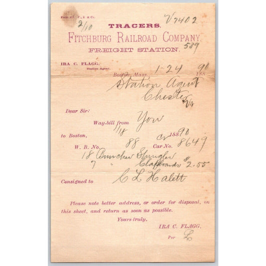Fitchburg Railroad Company 1890 Freight Station Way-bill to Boston Scarce