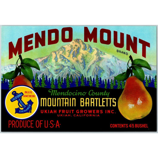Mendo Mount Bartlett Pears Vintage Original Paper Fruit Crate Label Ukiah, CA