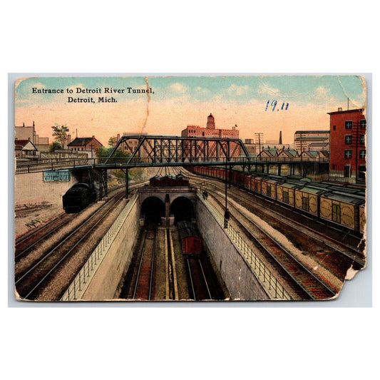 Entrance to Detroit River Tunnel Detroit, MI Postcard PM 1911 - Damaged