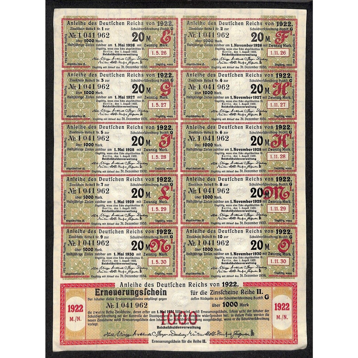 1922 German 20 Mark Reich Treasury Bond Certificate Coupons w/ Embossed Seals