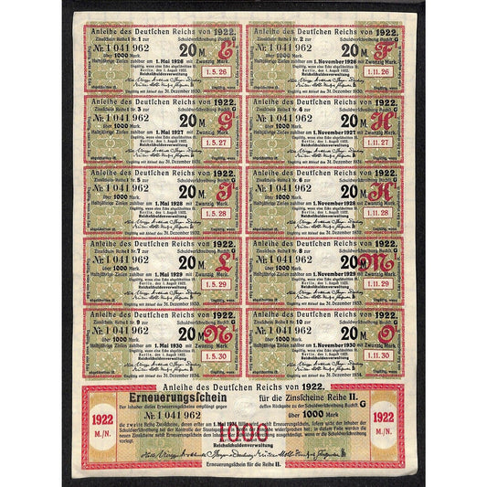 1922 German 20 Mark Reich Treasury Bond Certificate Coupons w/ Embossed Seals