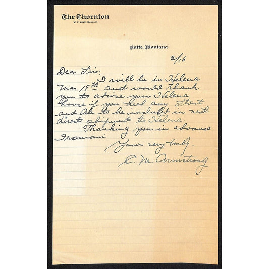 Butte, MT "The Thornton" 1916 ALS Hotel Stationary re: "Need Any Stout and Ale"