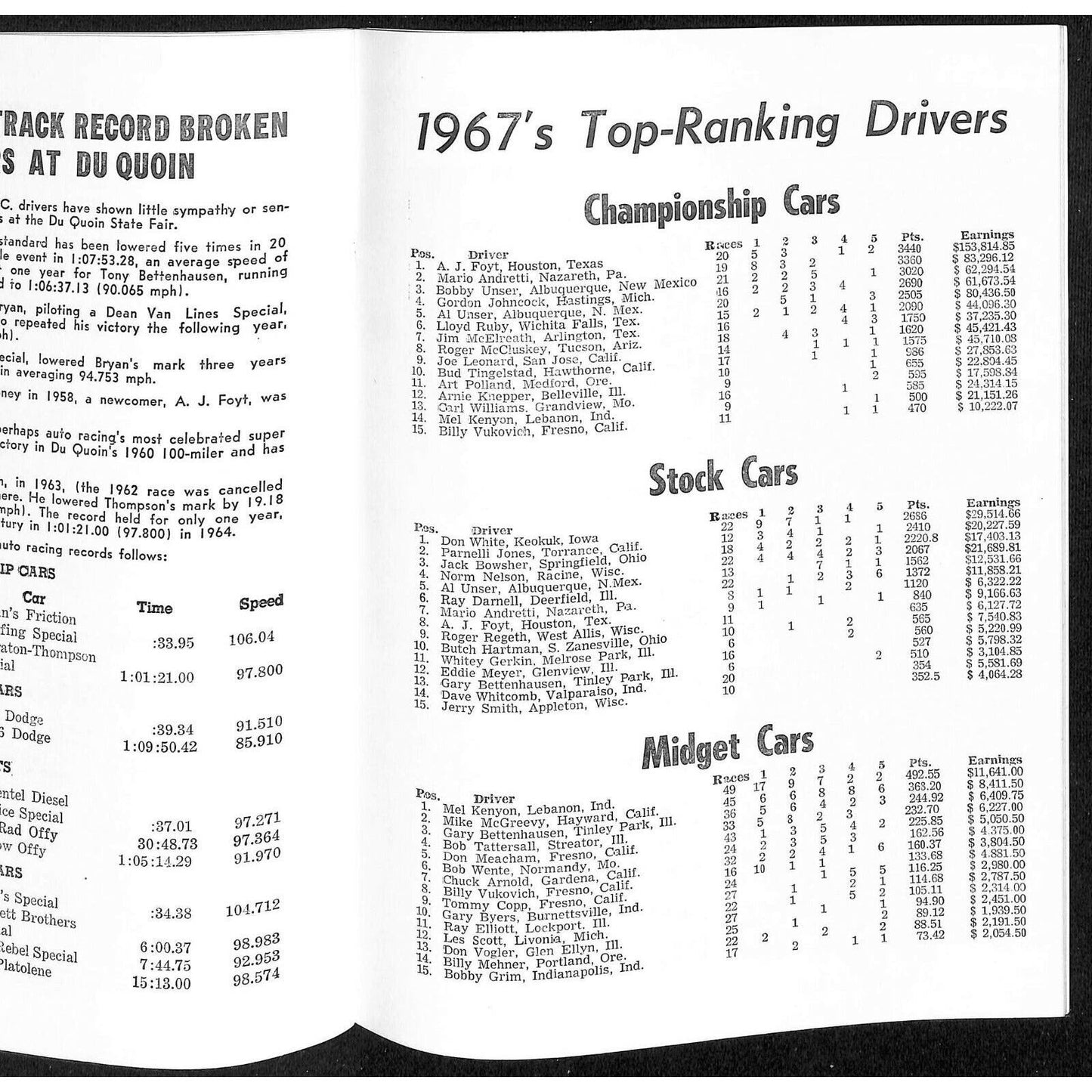 Scarce Sept 21968 USAC Du Quoin State Fair Auto Race Program 100 Mile Champ.