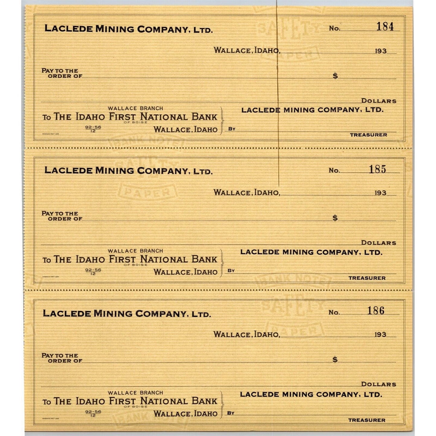 Laclede Mining Company Wallace, Idaho First National Bank Check Sheet c1930's