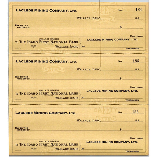 Laclede Mining Company Wallace, Idaho First National Bank Check Sheet c1930's