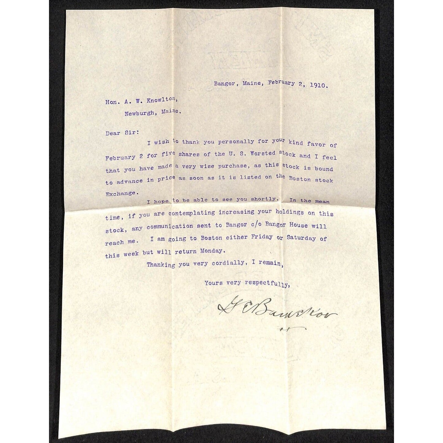 Newburgh, ME Amos W. Knowlton* 1910 Letterhead re: U.S. Worsted Stock w/ Form