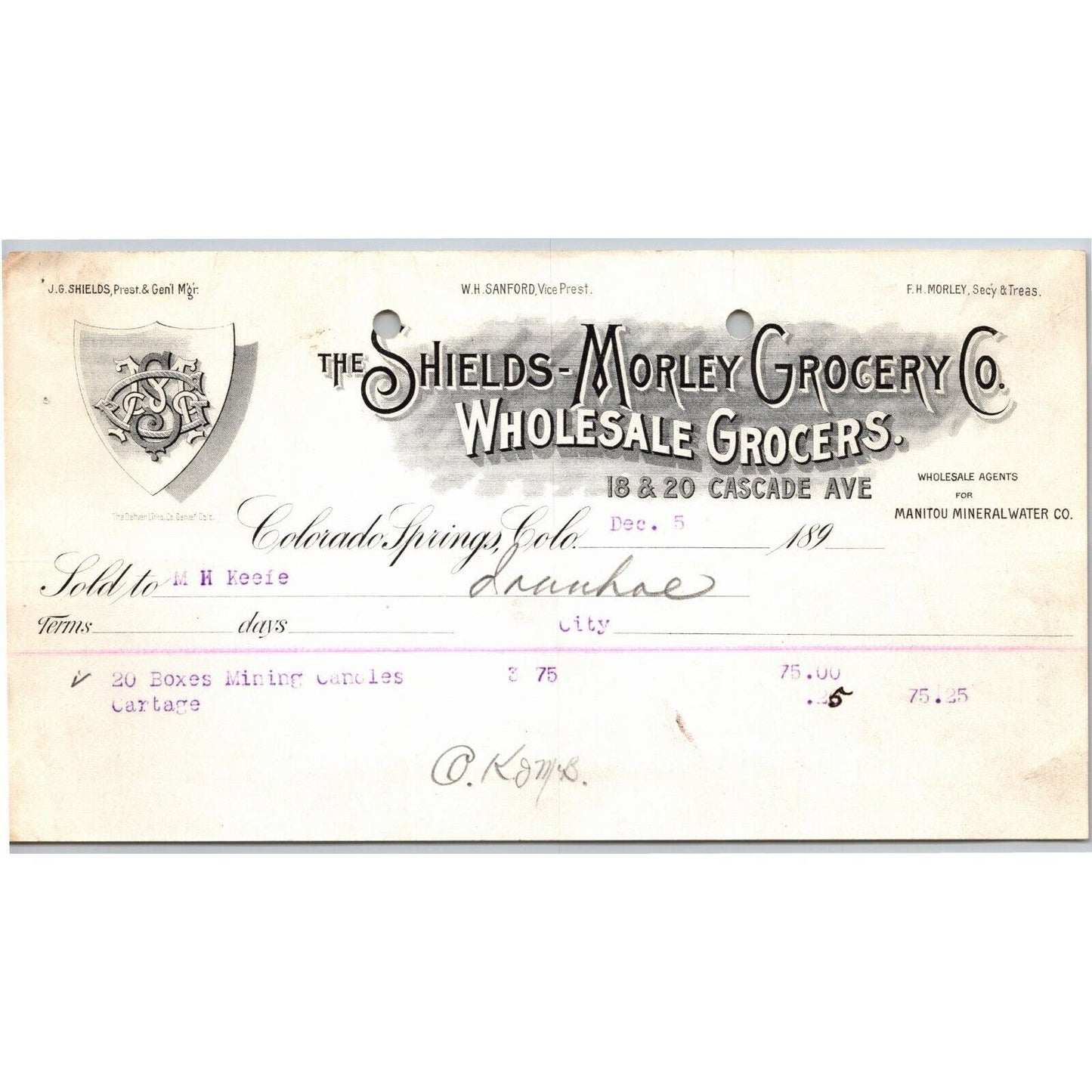c1895 Shields-Morley Grocery CO. Springs Letterhead M.H. Keefe "Mining Candles"