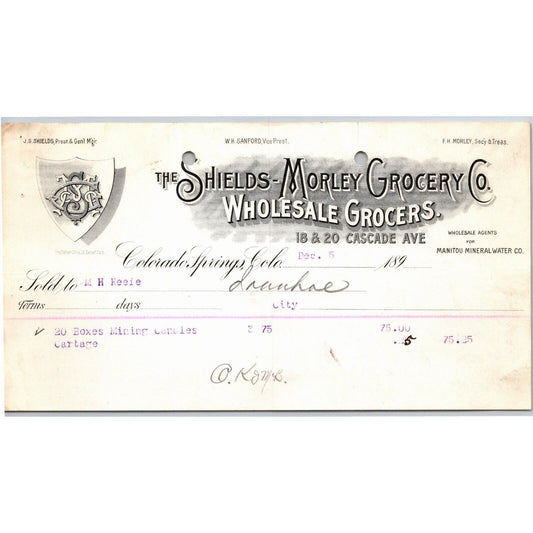 c1895 Shields-Morley Grocery CO. Springs Letterhead M.H. Keefe "Mining Candles"
