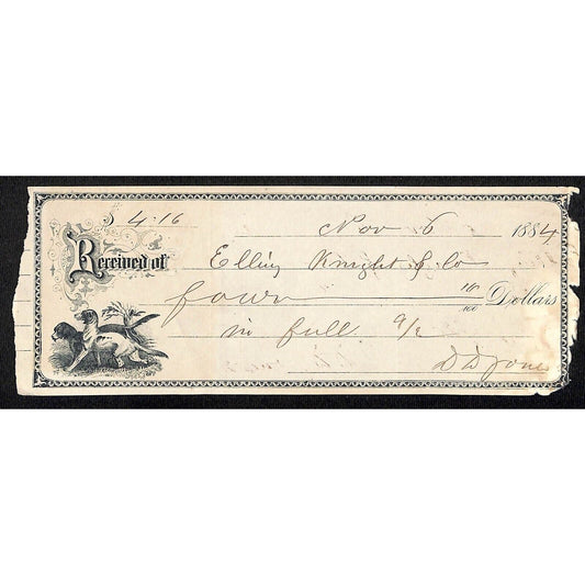 Dillon Montana Henry Elling 1884 Payment Receipt - w/ Hunting? Dogs Illustration