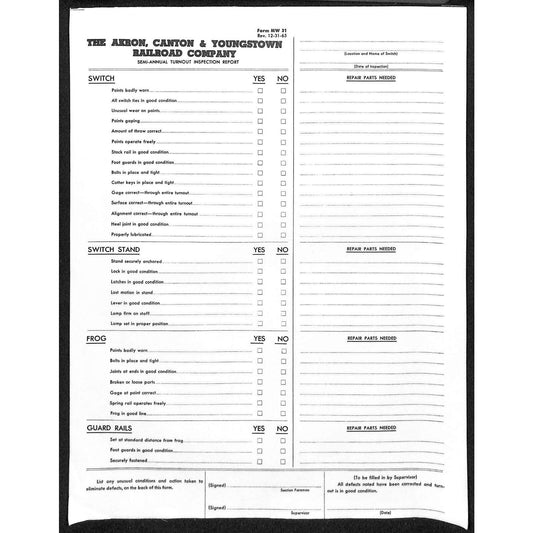 Akron, Canton & Youngstown RR c1965 Grp of 13 Turnout Inspection Report Sheets