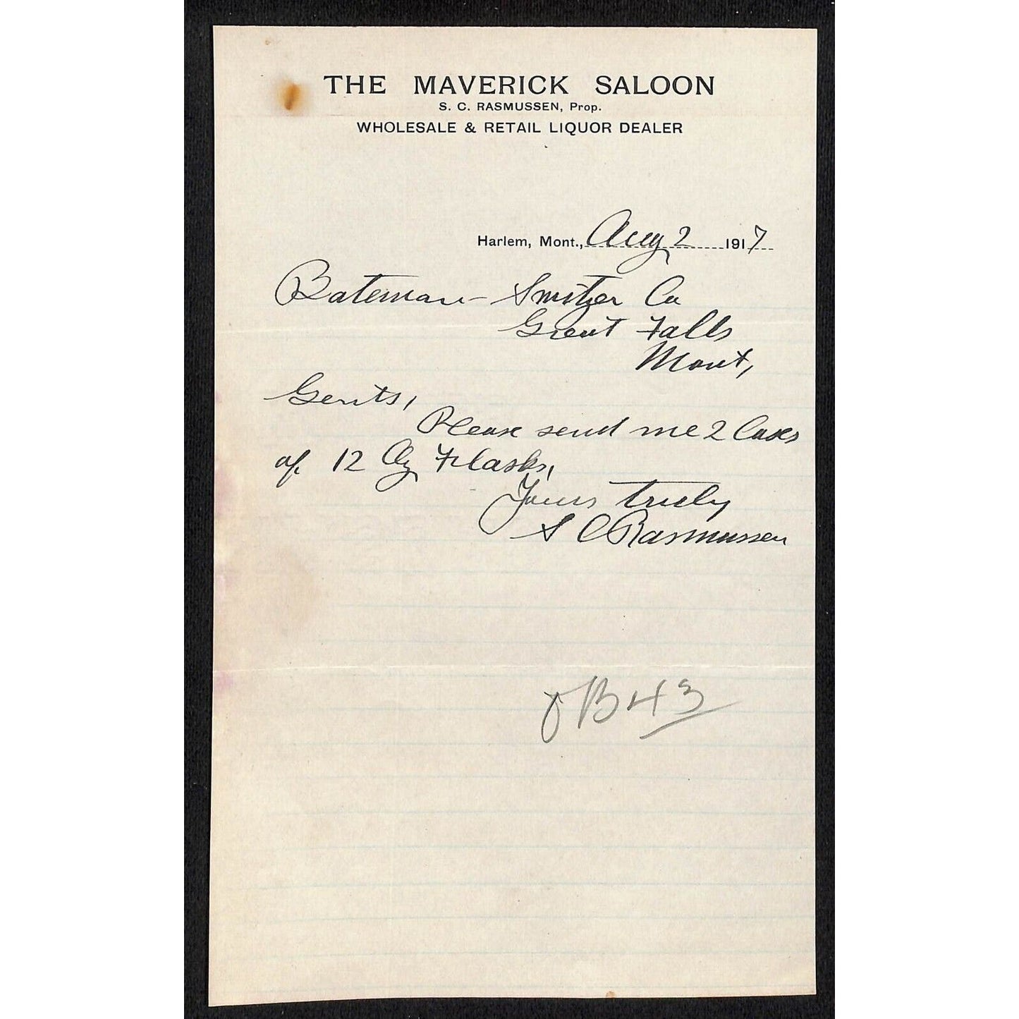 Harlem, MT "The Maverick Saloon" Liquor Dealer 1917 Letterhead Bateman Switzer