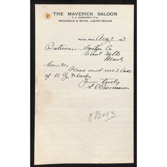 Harlem, MT "The Maverick Saloon" Liquor Dealer 1917 Letterhead Bateman Switzer