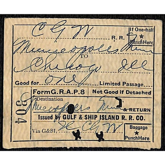 Gulf & Ship Island Railroad 1927 Ticket Chicago Minneapolis #304