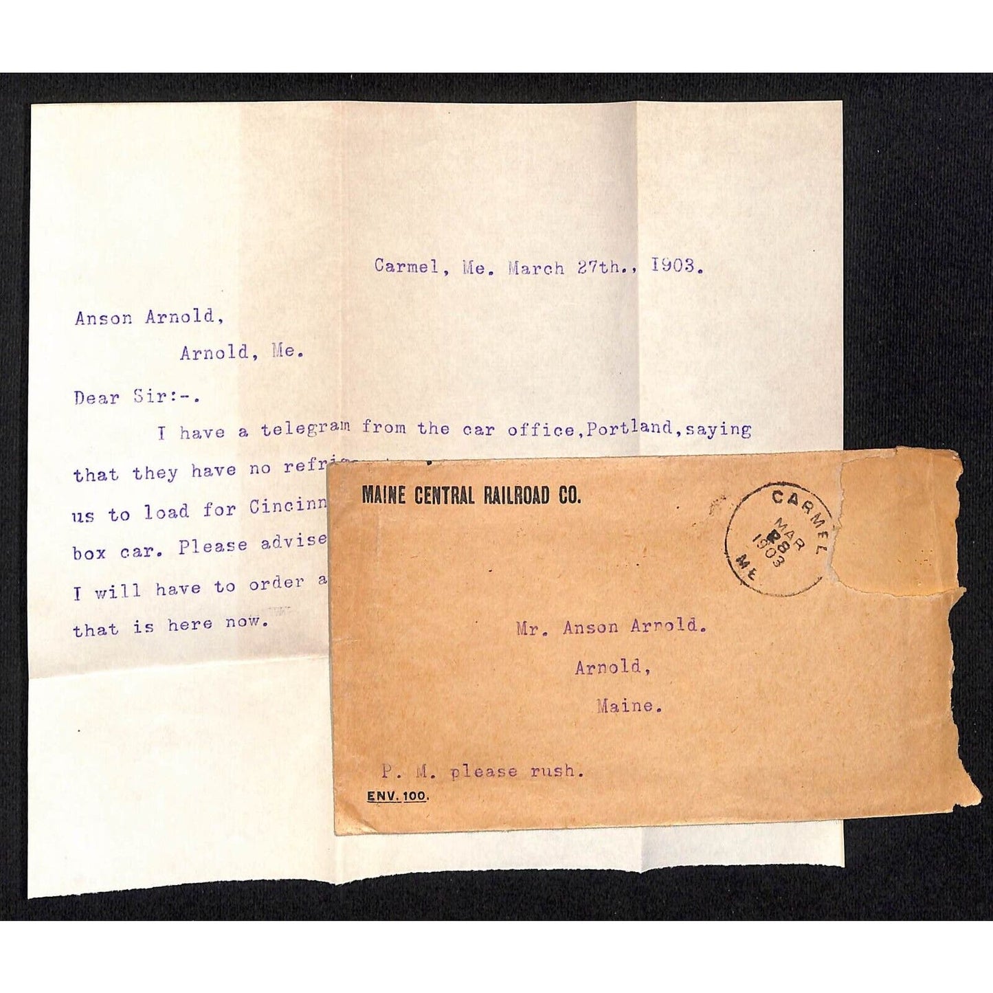 Maine Central Railroad 1903 Anson Arnold Note re Refrigerator Car w/ Cover