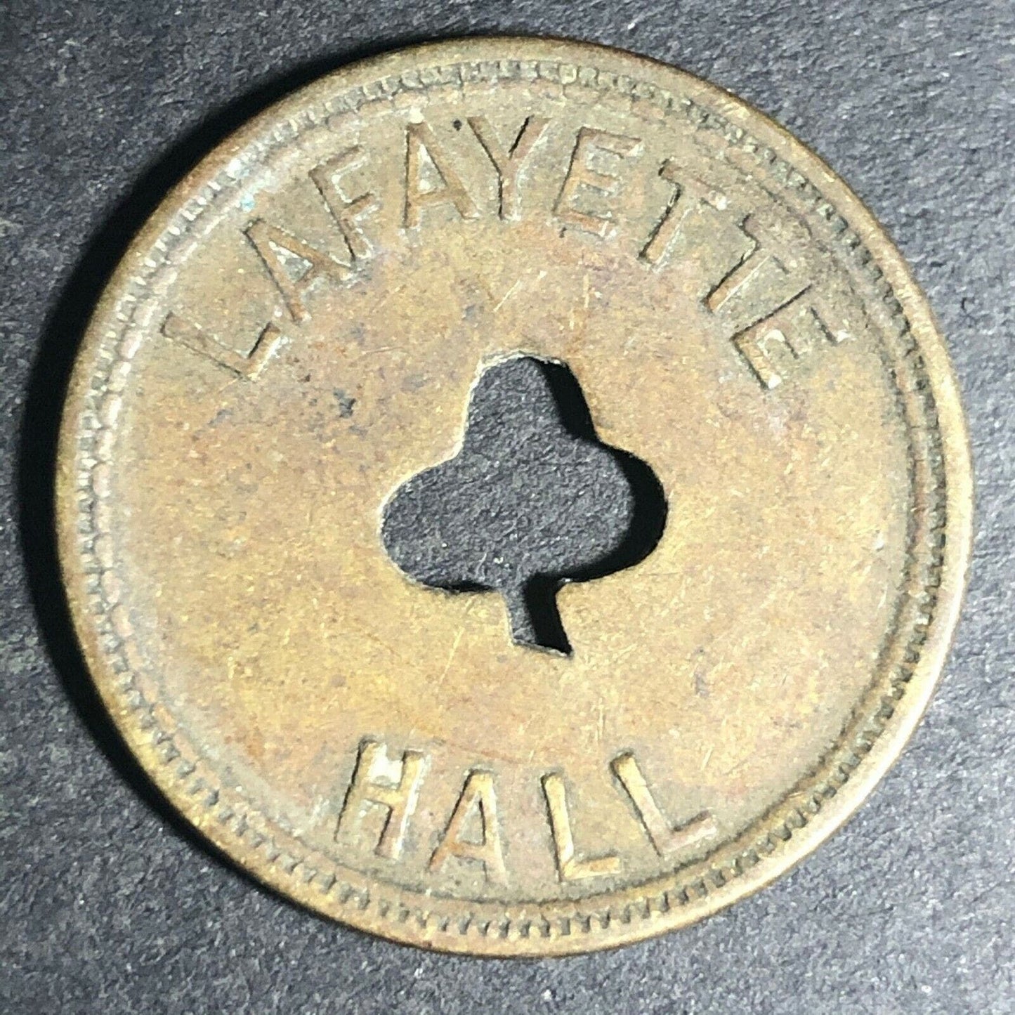 24.5mm Brass Lafayette Hall (Saloon Sacramento, CA) Token Clover Shamrock (#25)