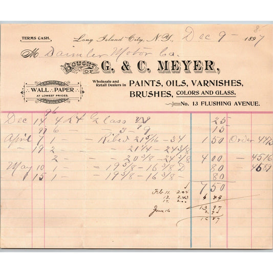 G & C Meyer - Paints Oils 1897 Letterhead LIC NY to Daimler Motors / Steinway