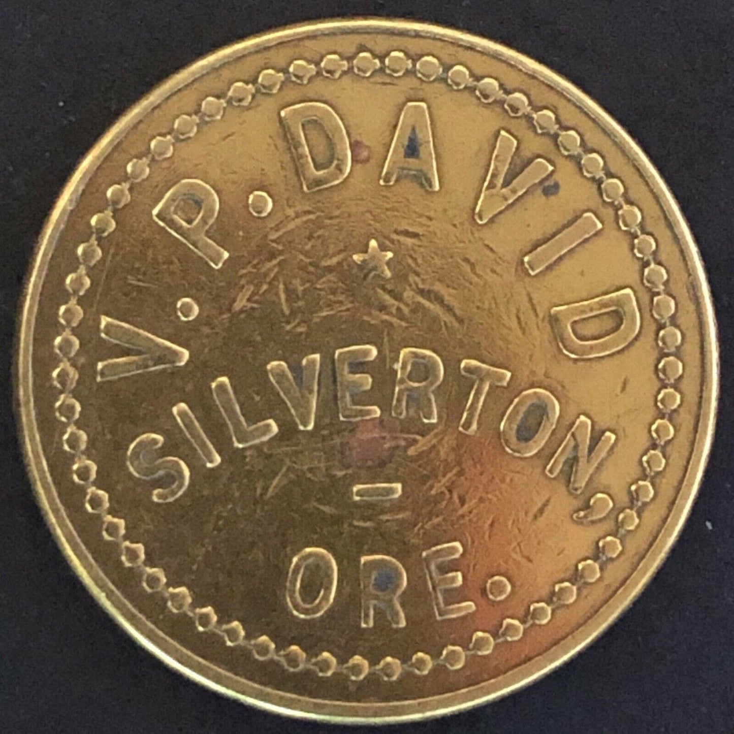 c1940's 22.3mm V. P. David (Amusement) Silverton, ORE Brass Token - Fauver Coll.