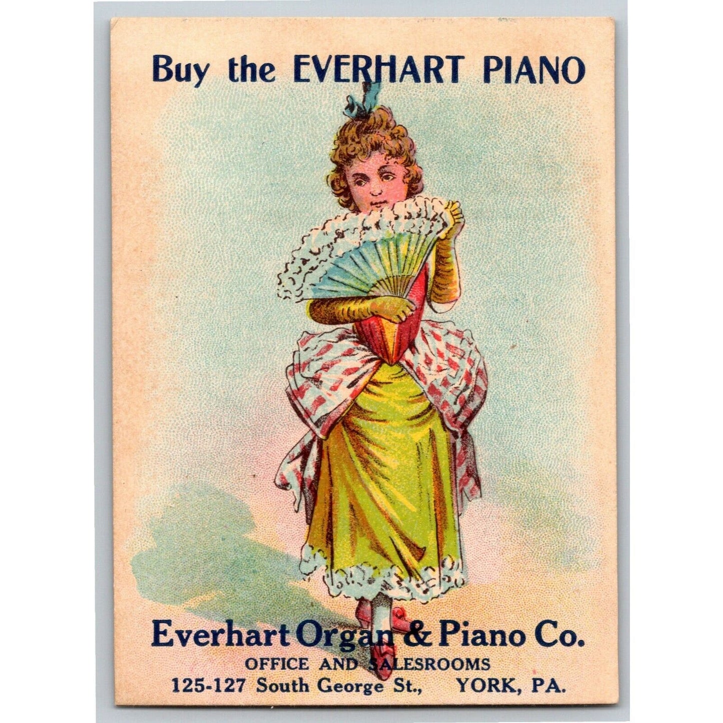 Everhart Organ & Piano York PA Victorian Trade Card Woman with Hand Fan