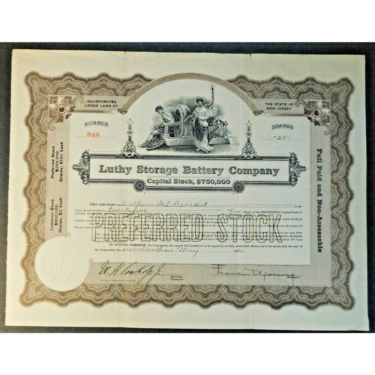Vintage 1918-20 Stock Certificate "Luthy Storage Battery Co."