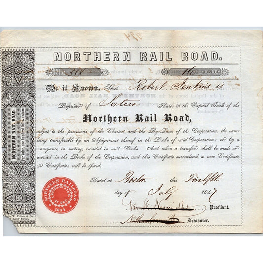 1847 Boston, MA Northern Railroad Stock Certificate No. 588 for 16 Shares