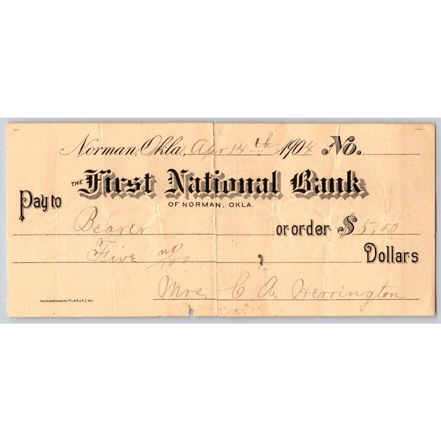 Norman, Oklahoma Territory 1904 $5 FNB Bank Check - Scarce