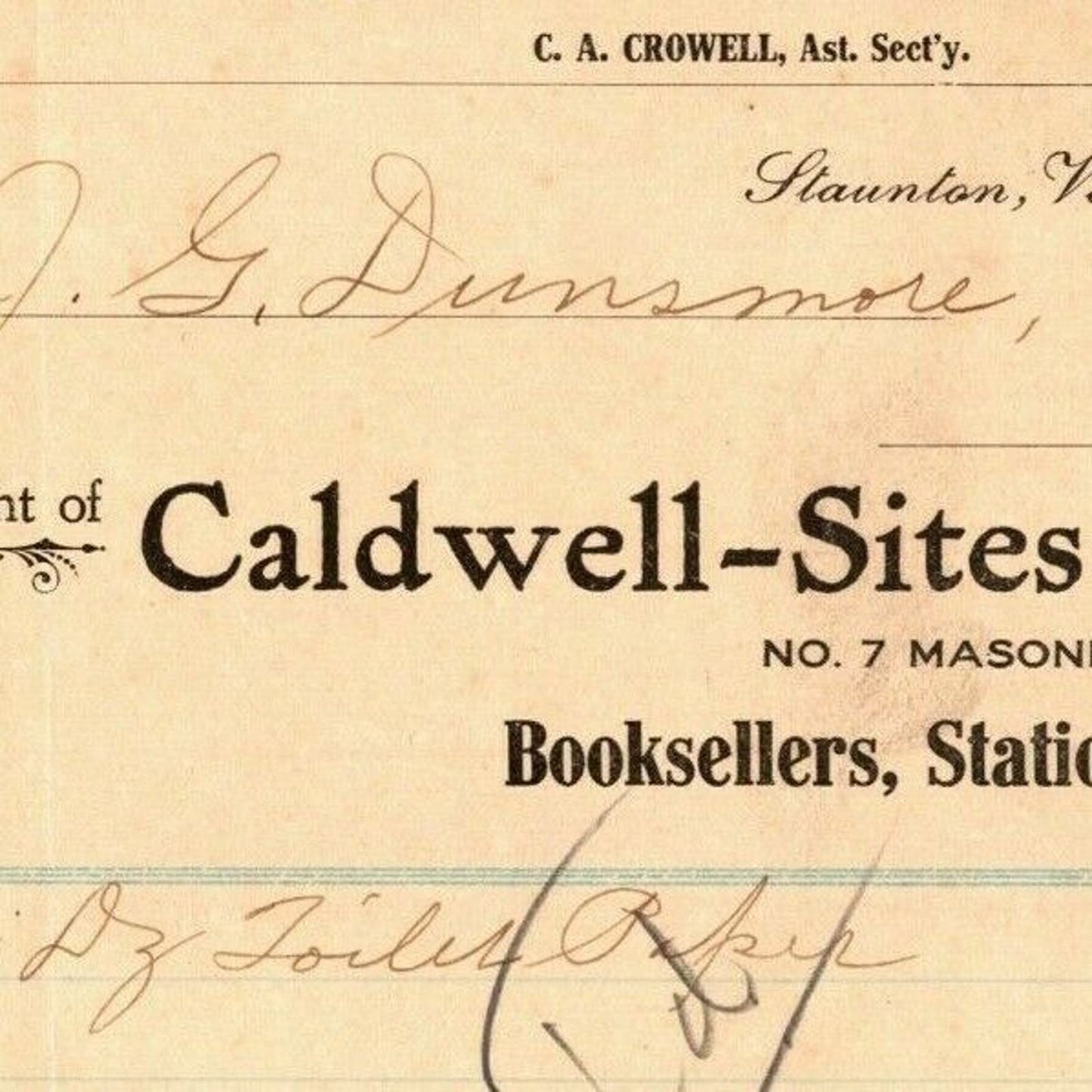 1908 Scarce Caldwell-Sites Stationers Billhead Letterhead Staunton, VA