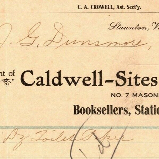 1908 Scarce Caldwell-Sites Stationers Billhead Letterhead Staunton, VA