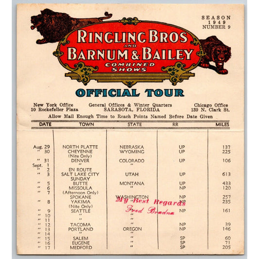 1949 Ringling Bros Barnum Bailey Circus Route Card Denver Butte Spokane Seattle