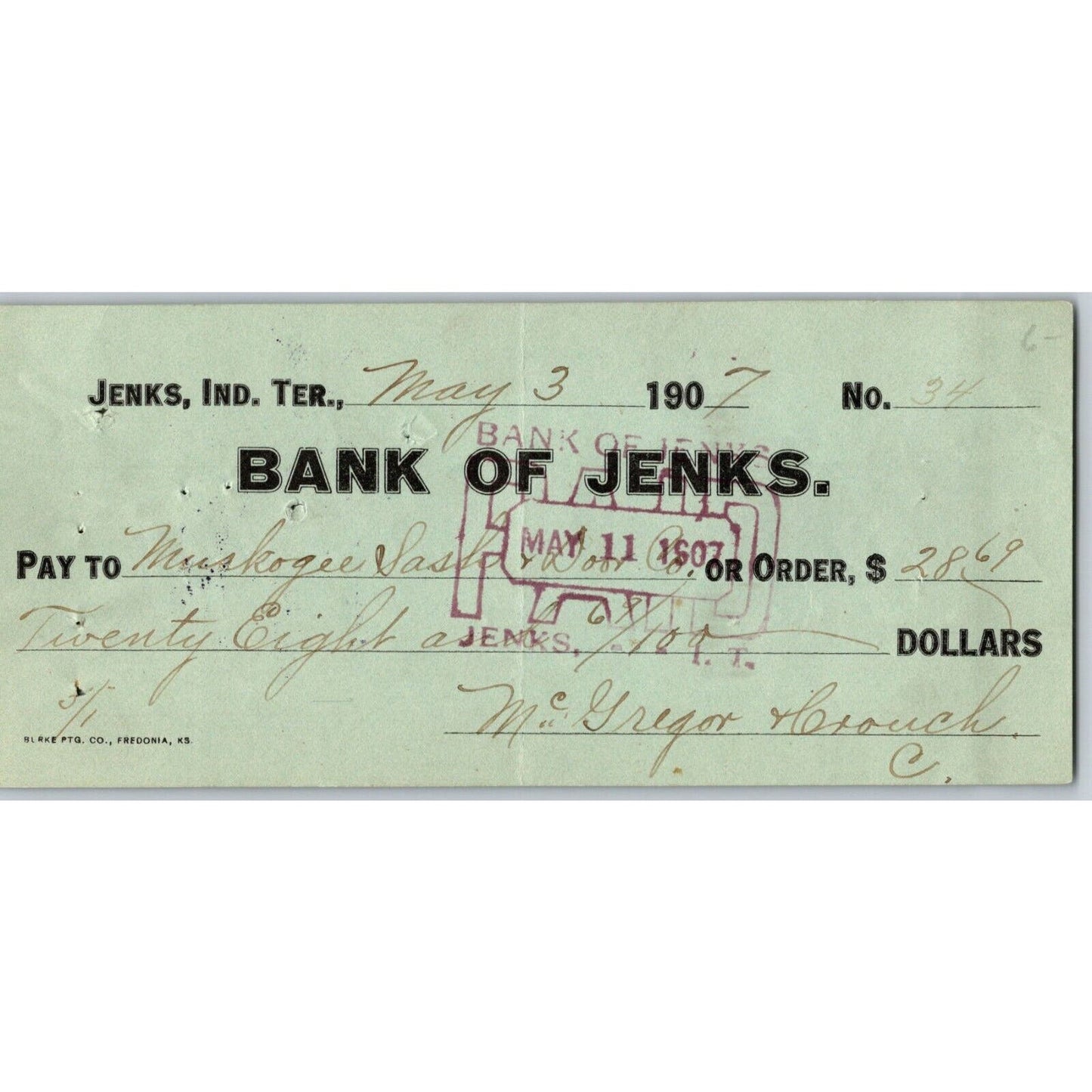Jenks, OK Indian Territory 1907 Bank of Jenks Check - Scarce