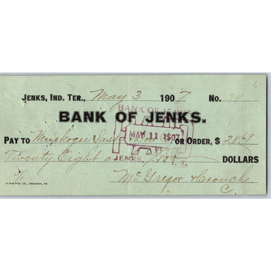 Jenks, OK Indian Territory 1907 Bank of Jenks Check - Scarce