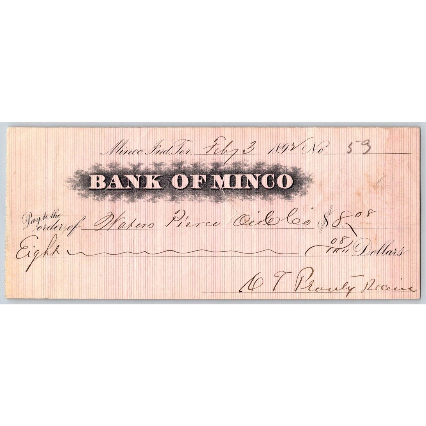 Minco, OK 1892 Indian Territory "Bank of Minco" $8.08 Check - Scarce
