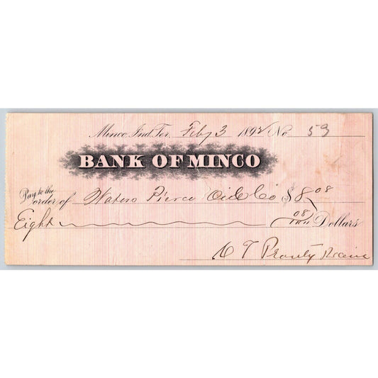 Minco, OK 1892 Indian Territory "Bank of Minco" $8.08 Check - Scarce