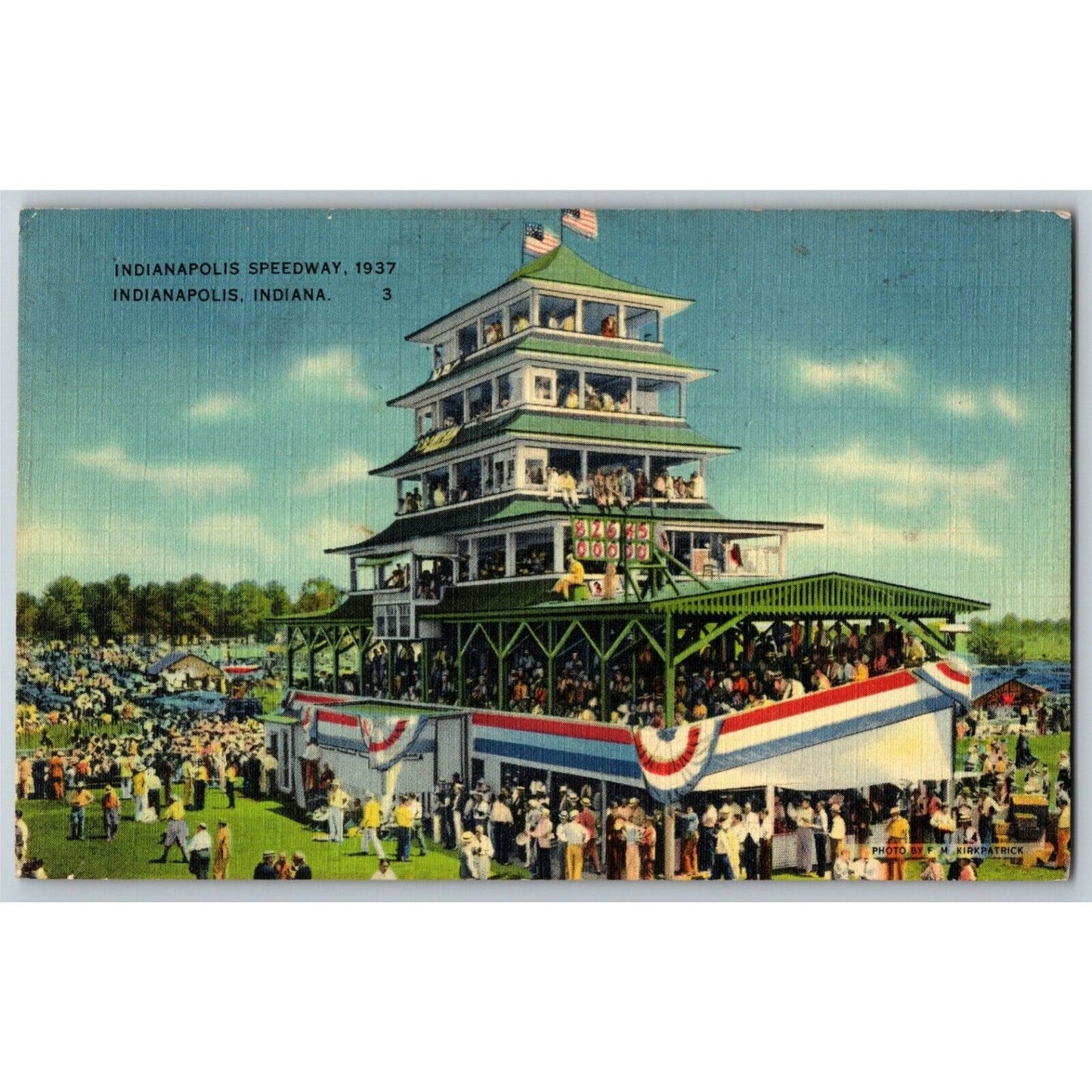 Indy 500 Linen Postcard 1937 "Indianapolis Speedway" Pagoda - Posted 1938