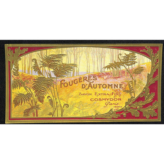 French c1910 Original Soap Label Savon Extra Fin Fougères D'automne Forest Scene