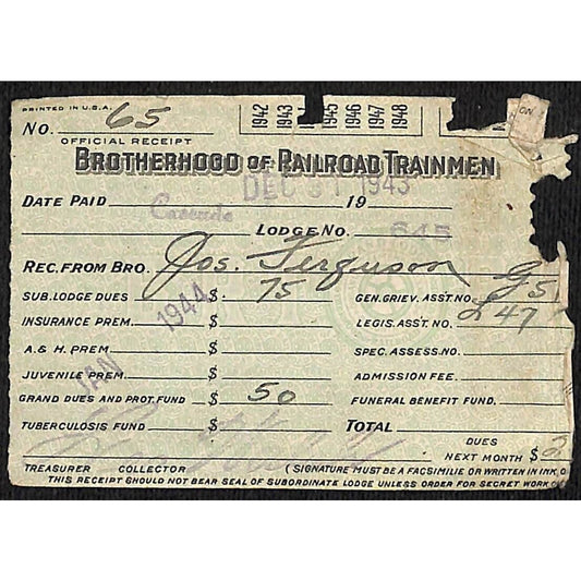 Brotherhood of Railroad Trainmen B of RT 1944 "Order for Secret Work" Receipt